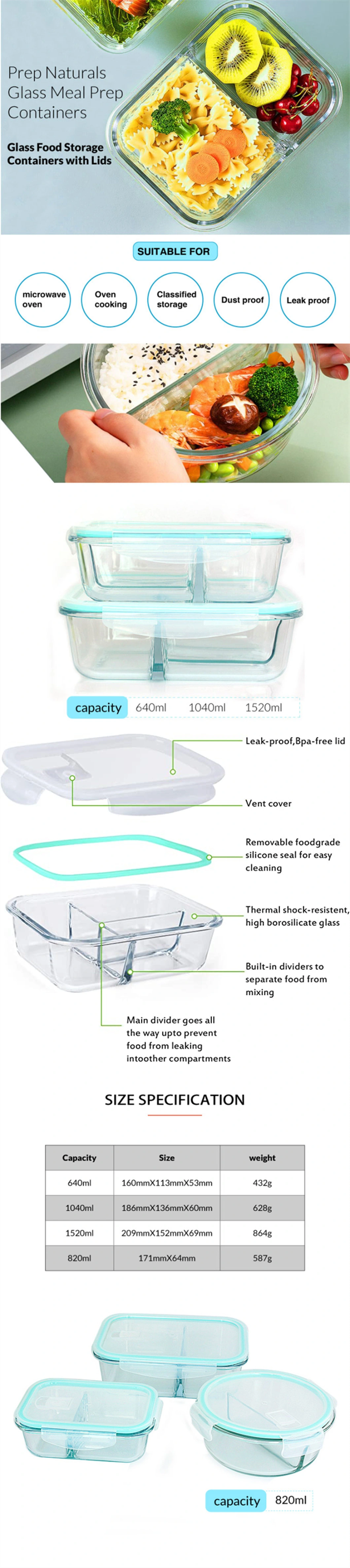 Clear Round Glass Food Storage Containers Glass Bento Lunch Box
