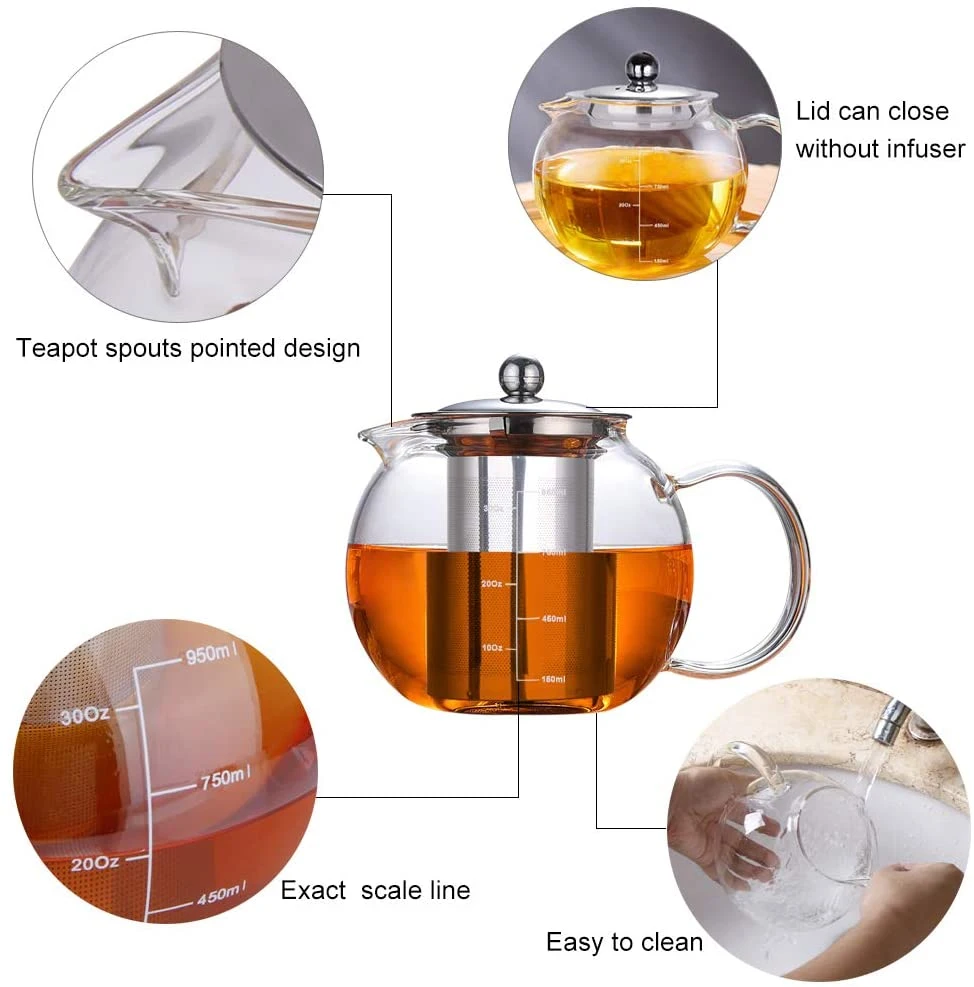 400ml 600ml 800ml 1000ml 1200ml Classic Pyrex High Borosilicate Glass Home Use Tea Pot Kettle, Teapot with Glass Lid and Filter