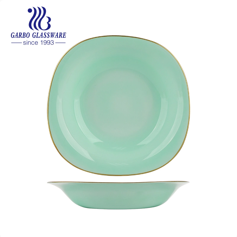 9inch Spray Color Green White Pink Khaki Opal Glass Soup Plates with Gold Rim Colored Tempered Glass Deep Plates Tableware Dinnerware