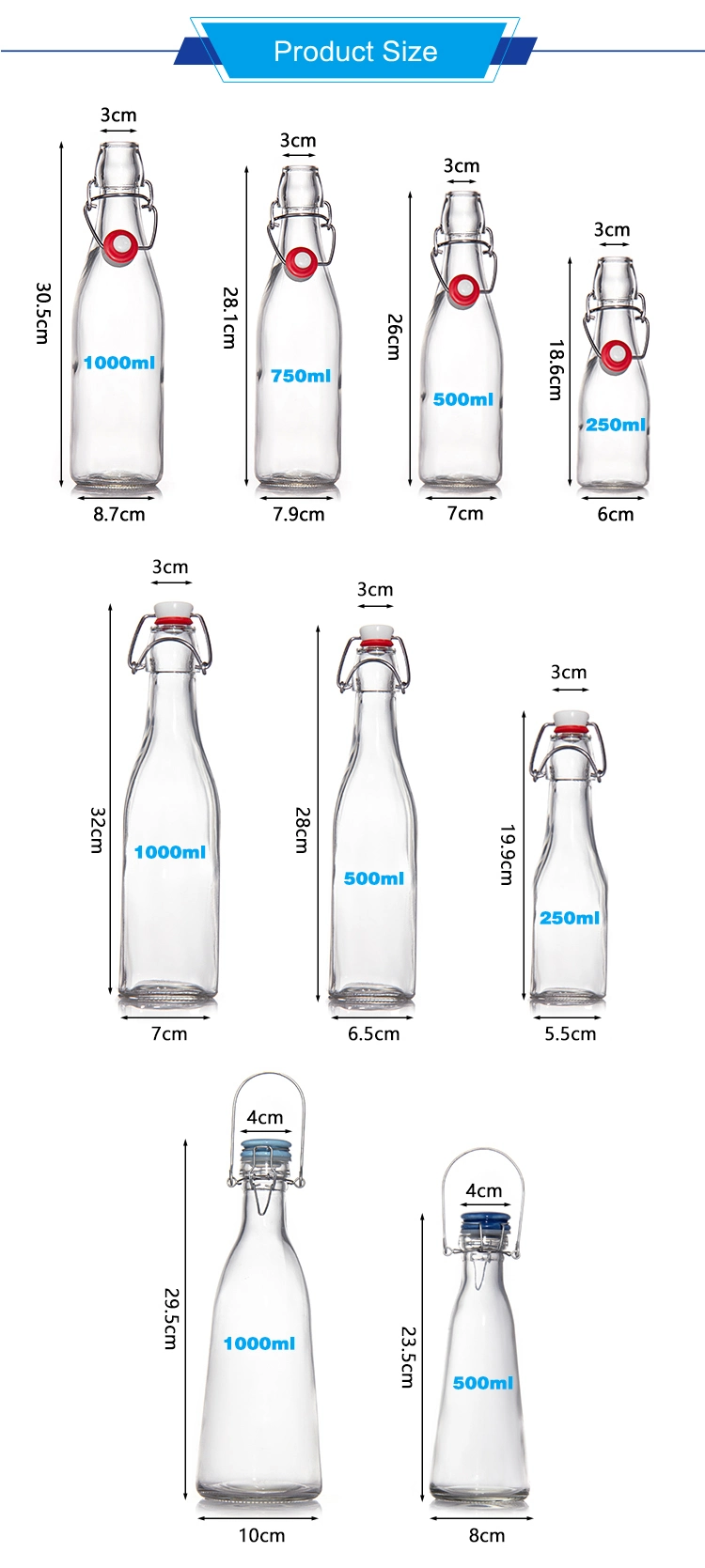 Factory Price 200ml 250ml 500ml 750ml 1000ml Glass Water Juice Canister with Clip Lid