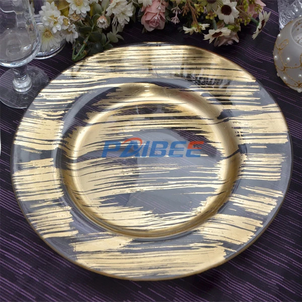 Gold Foil Glass Charger Plate Glassware Decor for Wedding &amp; Event Rental Glass Dinner Plate