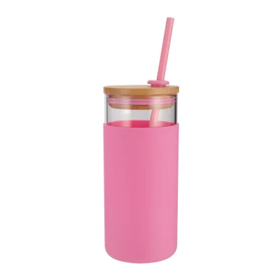Grink 500ml Top Quality Bamboo Lid Insulated Glass Water Bottle Glass Water Tumbler with Silicone Sleeve Pink