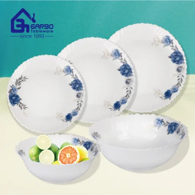 8.5 Inches Tempered White Opal Glass Dinner Flat Plate with Round Flower Decal Design