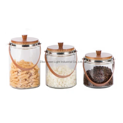 Big Mouth Round Glass Food Canister with Wooden Lid and Leather Handle